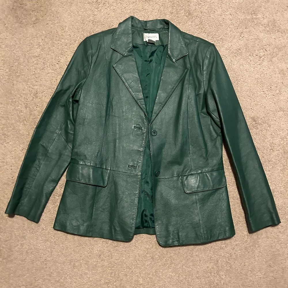 Chadwicks of Boston Leather Jacket Women Size 12 Green Blazer Y2k 90s Soft Lined